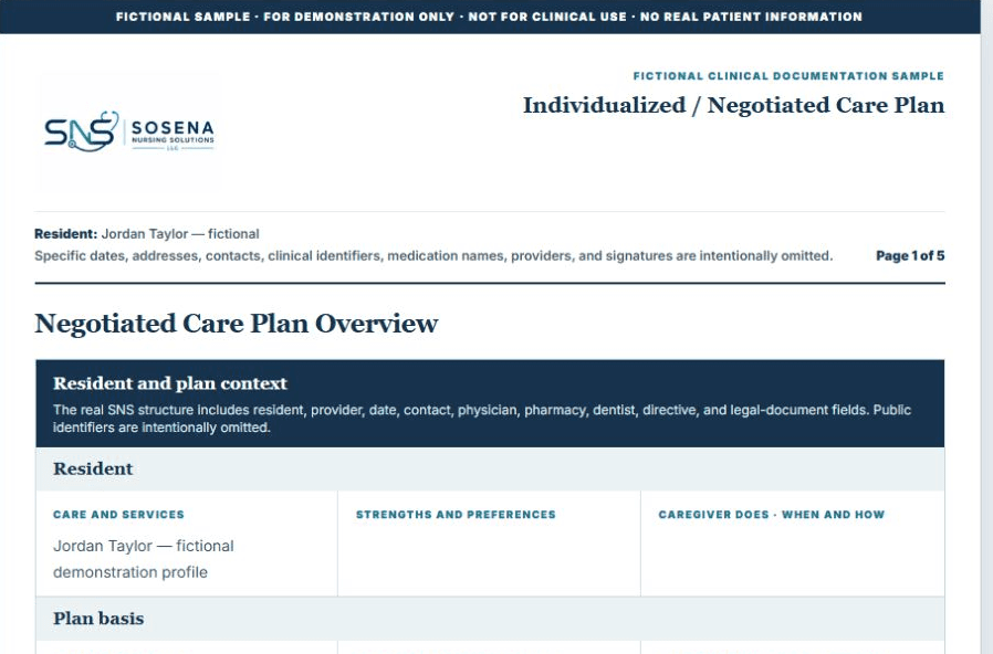 Fictional SNS individualized and negotiated care plan document page preview