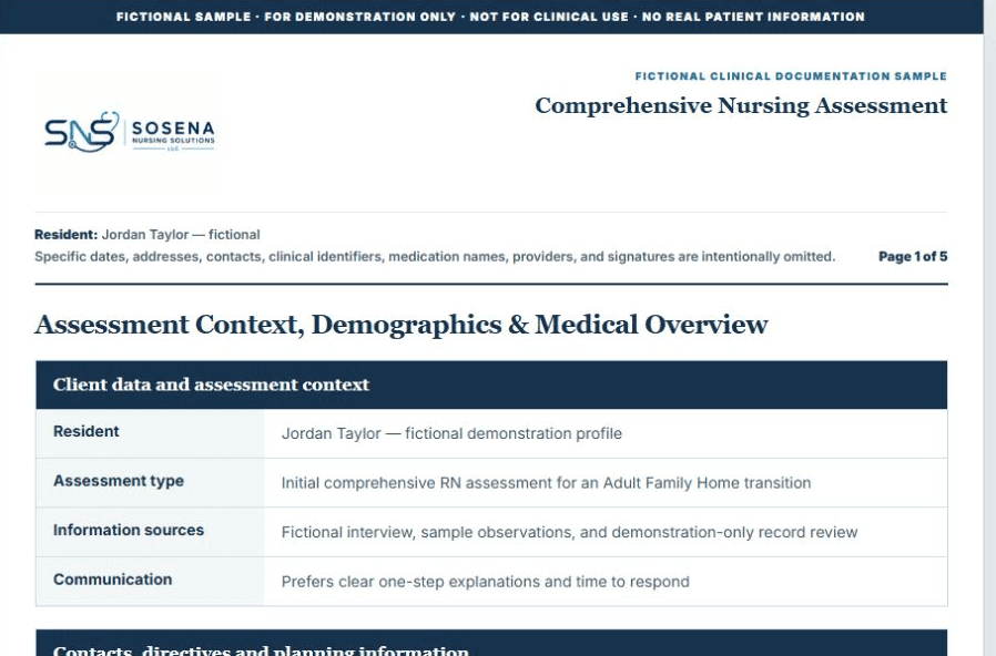 Fictional SNS comprehensive RN assessment document page preview